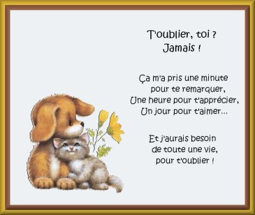 jamais je n'oublirais ceux que j'aime, j'espere que c sesn inverse aussi.